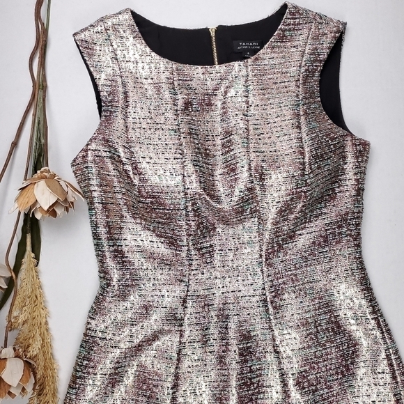 Tahari Arthur Levine Rose Gold Teal Shimmer Dress Sz 6 - Picture 3 of 16